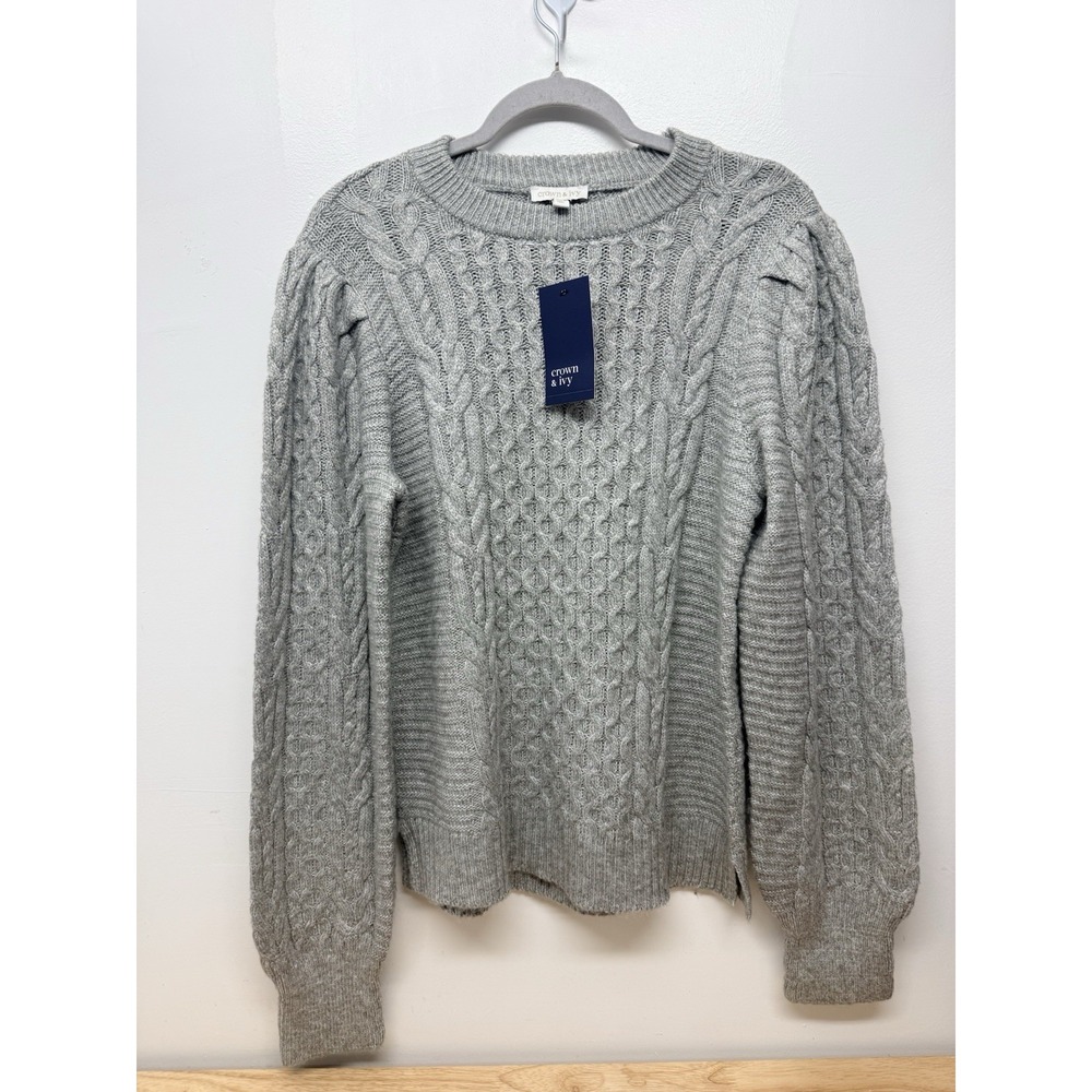 Crown & Ivy Women's Gray Cable Knit Puff Sleeve Crewneck Sweater Medium #1